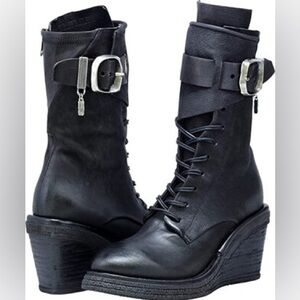 A.S.98 Thatcher Black Leather Wedge Buckle Heel Boots